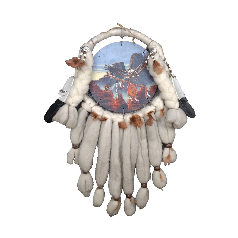 Vintage Navajo dream catcher w/real wool, X Large, Rare, hand painted, feathers